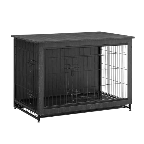 Feandrea Hundekäfig Möbel, Beistelltisch, Hundebox, Moderne Hundehütte Indoor für Hunde bis zu 32 kg, hochbelastbar, Hundehaus für Zuhause, herausnehmbares Tablett, 2 Türen, tintenschwarz PFC003B01