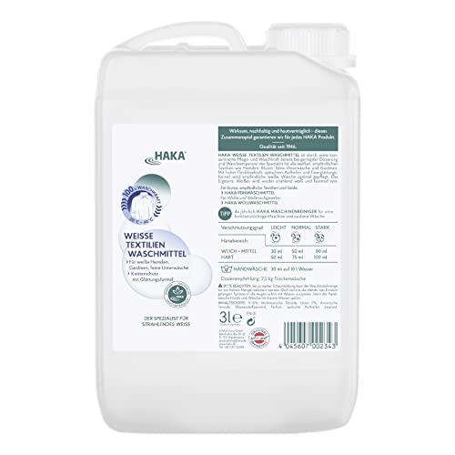 HAKA Weiße Textilien Waschmittel I 3 Liter Kanister I Der Spezialist für strahlendes Weiß I Knitterschutz und Glättungsformel