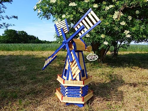 Schöne Windmühle, für Pferde-Weide und Garten 130 cm, blau-natur zweistöckig MIT 2 BALKONEN, garten windmühlen, ohne / mit Solar, WMH130bl-OS 1,30 m groß blau mittelblau dunkelblau königsblau, himmel