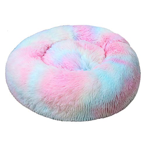 Fansu Hundebett rund Hundekissen Plüsch weichem Hundesofa rutschfest Base Katzenbett Donut Größe und Farbe wählbar (Tie-Dye buntes Pulver,90CM)