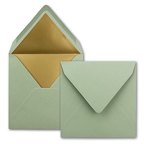 75 quadratische Brief-Umschläge - 15,5 x 15,5 cm, Eukalyptus (Grün) - mit Gold-Papier gefüttert - Nassklebung - FarbenFroh by GUSTAV NEUSER