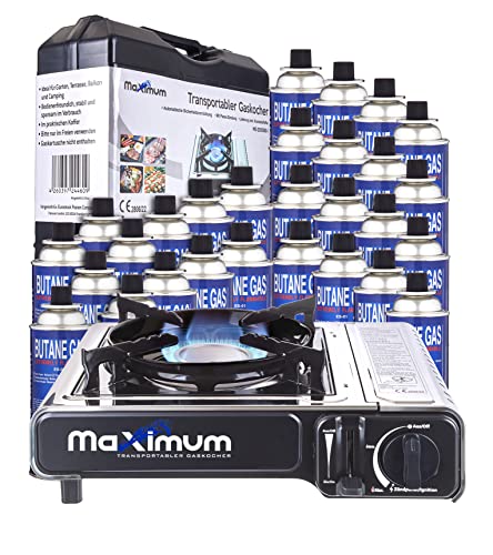 MaXimum Premium Edelstahl Gaskocher Set 4 - bis 28 Gaskartuschen (Gaskocher + 28 Kartuschen)