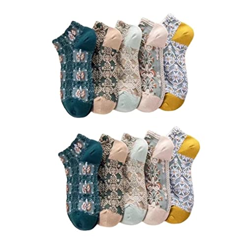 Aoguaro 5/10 Paar Damen-Socken mit Blumenmuster, Baumwolle, Vintage-Stil, Crew-Socken, bestickt mit Blumenkleid, modische Socken