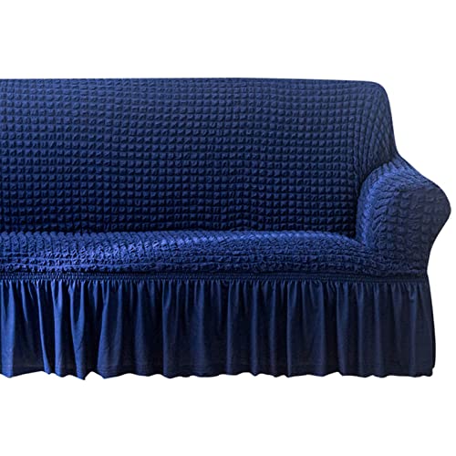 ZJRLY High Stretch Sofabezug Mit Schürze Moderne Sofaüberwurf Seersucker Elastische Sofahusse Für Wohnzimmer Protector Für Hunde Haustiere (Greek Blue,Loveseat)