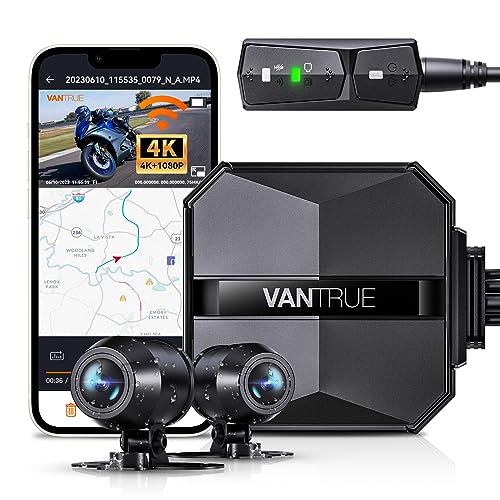 VANTRUE F1 4K + 1080P Dashcam Motorrad, 5GHz WiFi GPS Dash cam vorne und hinten, IP67, Deutsche Sprachansagen Motorrad Kamera, 24Std. Kollisionserkennung, Kilometerstand, WDR & HDR & App, Max. 512G