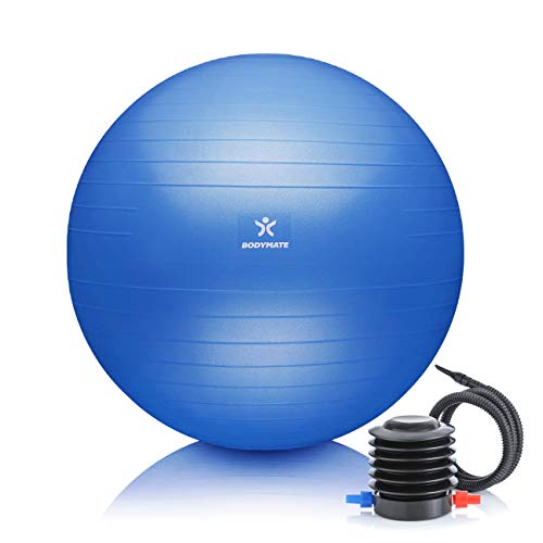 BODYMATE Gymnastikball Sitzball Trainingsball mit GRATIS E-Book inkl. Luft-Pumpe, Ball für Fitness, Yoga, Gymnastik, Core Training, für starken Rücken als Büro-Stuhl BLAU 55cm