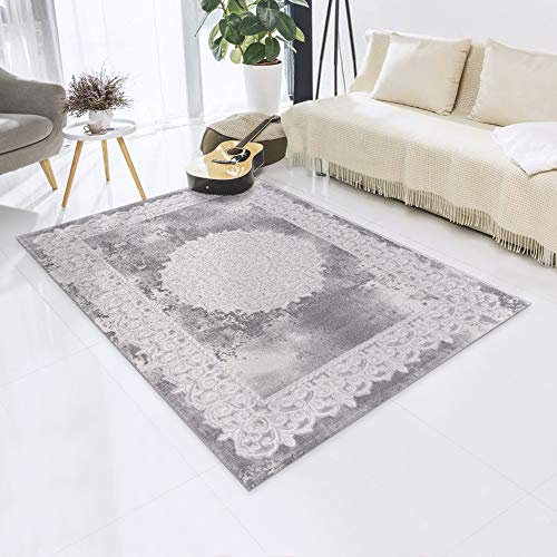 Impression Teppich Wohnzimmer Deko - Kurzflor Teppich im Vintagelook Öko-Tex zertifizierter - Hellgrau-traditionell - Größe 80x150