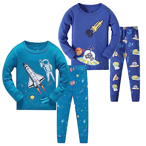 LOLPIP Schlafanzug für Jungen, langärmelig, 4-teilig, für kleine Kinder, Schlafanzug-Set, 2–14 Jahre, Blue Rocket 4 Stück, 3 Jahre
