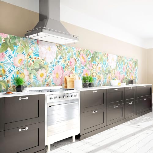 Arcondo Küchenrückwand Spritzschutz Selbstklebend mit Motiv Zarte mediterrane Rosenblüten Folie Premium Glanz 300 x 50 cm