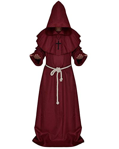 GladiolusA Erwachsene Mittelalter Mönch Robe Mit Kapuze Cosplay Halloween Karneval Fasching Kostüm Party Kleid Rot L