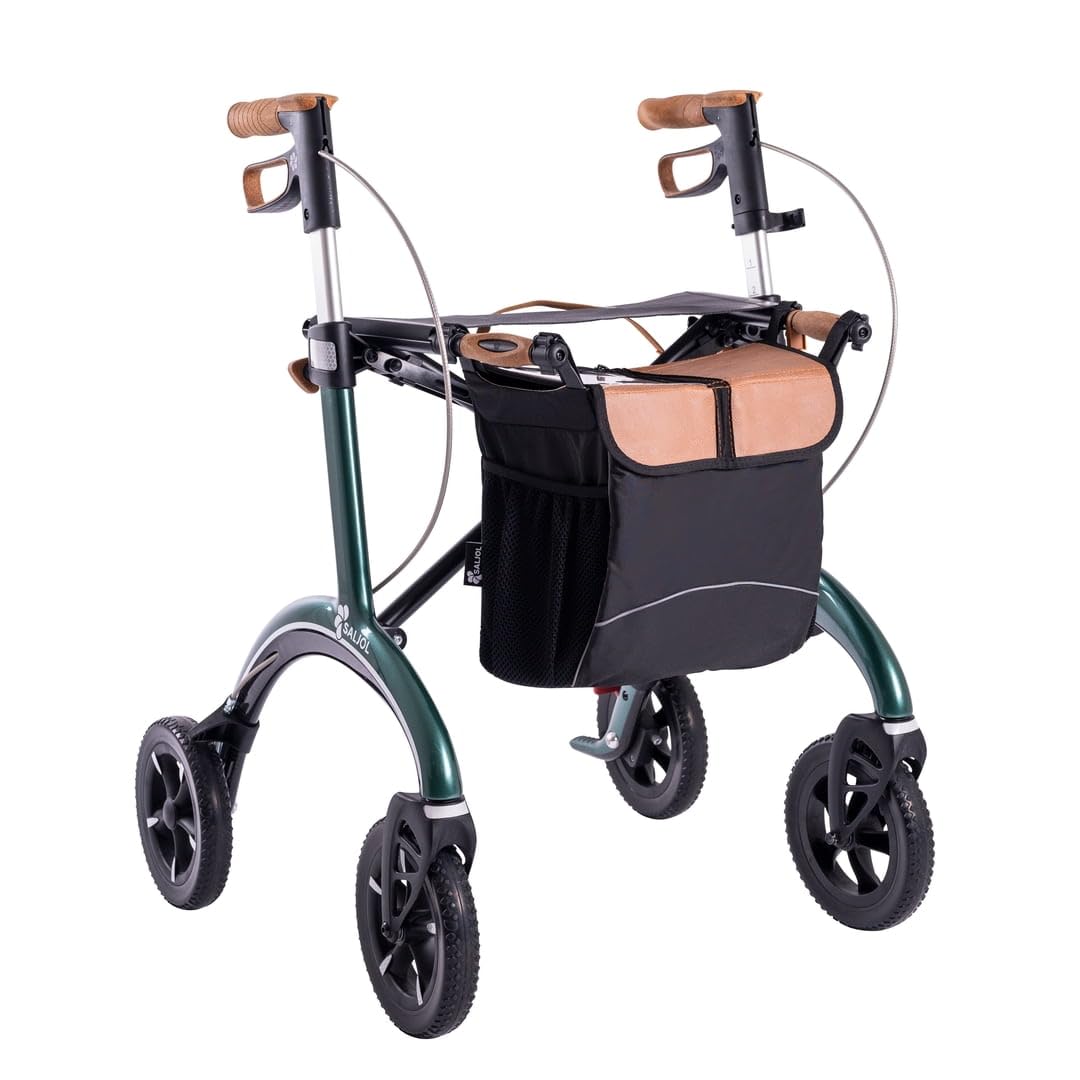 Saljol Carbon Rollator, 5,6 kg Leichtgewichtrollator mit Sitz, Tasche, faltbare Outdoor-Gehhilfe, Sitzhöhe 62 cm, Grün
