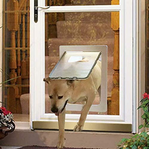 ANQI Große magnetische Hundetür, automatisch abschließbar, Katzenklappe mit Schiebegitter für Haustiere, einfache Installation, Allwetter-Größe, L, weiß
