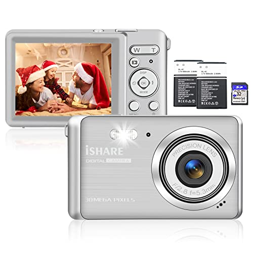 ISHARE Digitalkamera für Einsteiger - 30MP 1080P 18X Digitaler Zoom 2.8 "LCD Bildschirm, Point and Shoot Kamera mit 2X Batterien und 32G SD Karte, Ideale Kameras für Fotografie Enthusiasten(Silber)