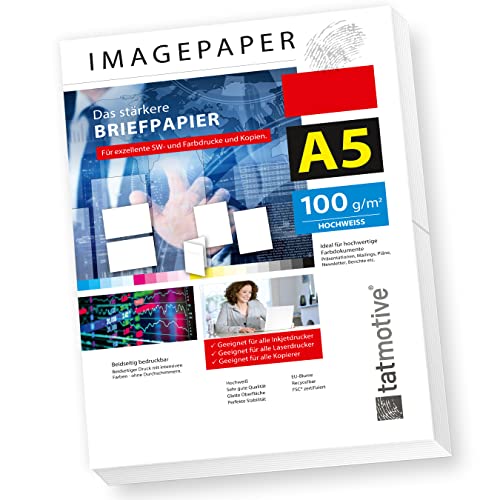 TATMOTIVE Imagepaper 100g/qm A5, das stärkere Briefpapier, brillante Drucke für alle Drucker, 1000 Blatt - weiß Druckerpapier