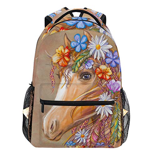 Oarencol Rucksack mit Pferdefedern, Hippie-Stil, Tierkunst, Tagesrucksack, Reisen, Schule, Hochschultasche für Damen Herren und Jungen