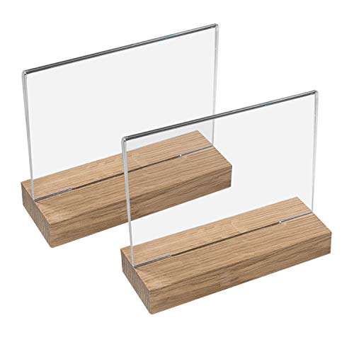 HMF 46945 Acryl Tischaufsteller mit Holzfuß | 2 Stück | DIN A4 Querformat | Glasklar
