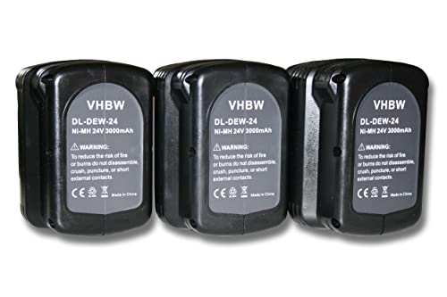 vhbw 3X Akku Ersatz für Dewalt DE0240, DE0240-XJ, DE0241, DE0243, DE0243-XJ, DW0240, DW0242 für Elektrowerkzeug (3000 mAh, NiMH, 24 V)