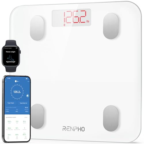 RENPHO Körperfettwaage, Bluetooth Personenwaage mit App, Smart Digitale Waage für Körperfett, BMI, Gewicht, Muskelmasse, Wasser, Protein, BMR, Weiß