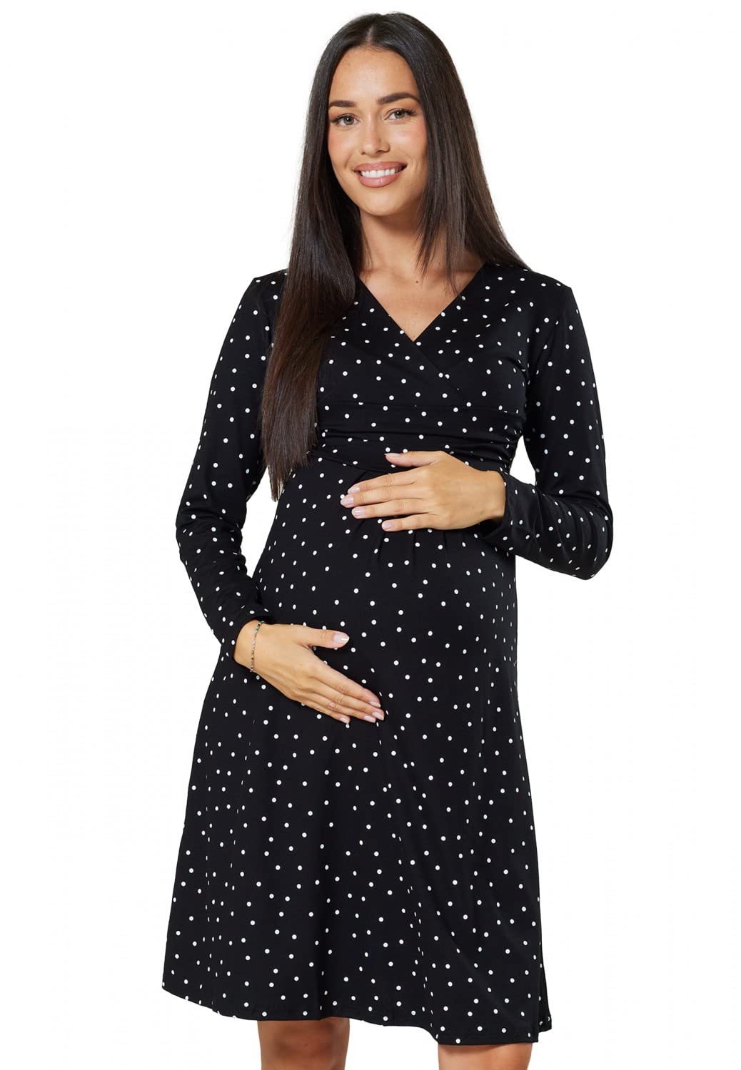 HAPPY MAMA Damen Viskosejersey Umstandskleid Schwangerschafts Kleid Langarm 890p (Schwarz mit kleinen weißen Punkten, 36, S)
