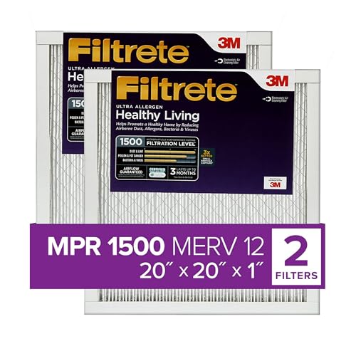 Filtrete 20x20x1, AC Furnace Air Filter, MPR 1500, Healthy Living Ultra Allergen, 2-Pack (exact dimensions 19.69 x 19.69 x 0.78)