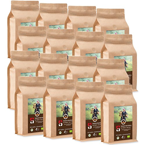 Kaffee Globetrotter - Sumatra Mandheling Gayo Highland - Bio - 16 x 1000 g Mittel Gemahlen - für Kaffee-Vollautomat, Kaffeemühle - Röstkaffee aus biologischem Anbau | Gastropack Sparpack