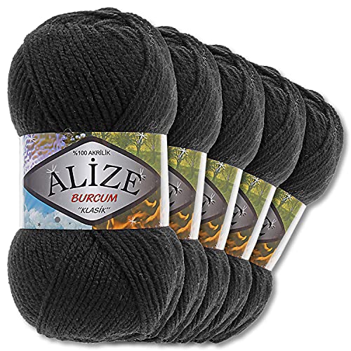 5x Alize 100 g Burcum Klasik Wolle (Schwarz 60)