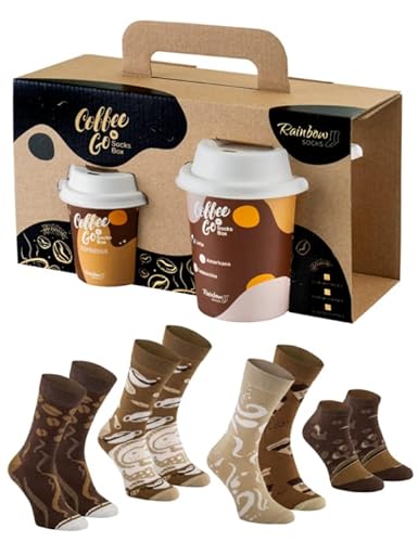 Rainbow Socks - Damen Herren Lustige Sockendose Kaffeesocken für sie und für ihn Coffee to go Geschenk - 4 Paar - Größen 47-50