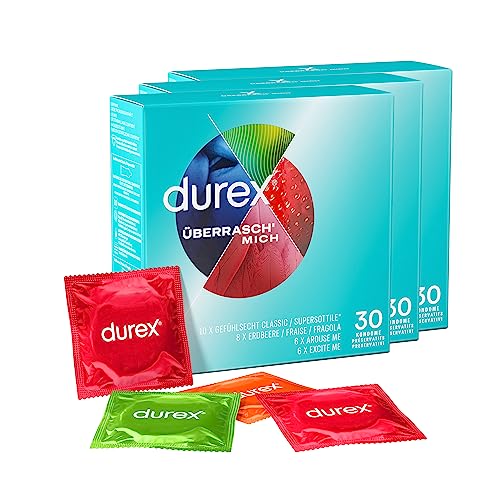 Durex Überrasch‘ Mich Kondome - Extra Vielfalt - Mixpack - Probierpaket - JGA - 3 x 30er Großpackung (90 Stück)