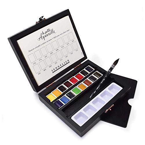 Sennelier La Petite Aquarelle Travel Watercolor Set, Black Wood Case, Student Grade, Includes 16 Half Pan Colors, Paper Pad, Mini Brush Size 4 (10-131686-00)