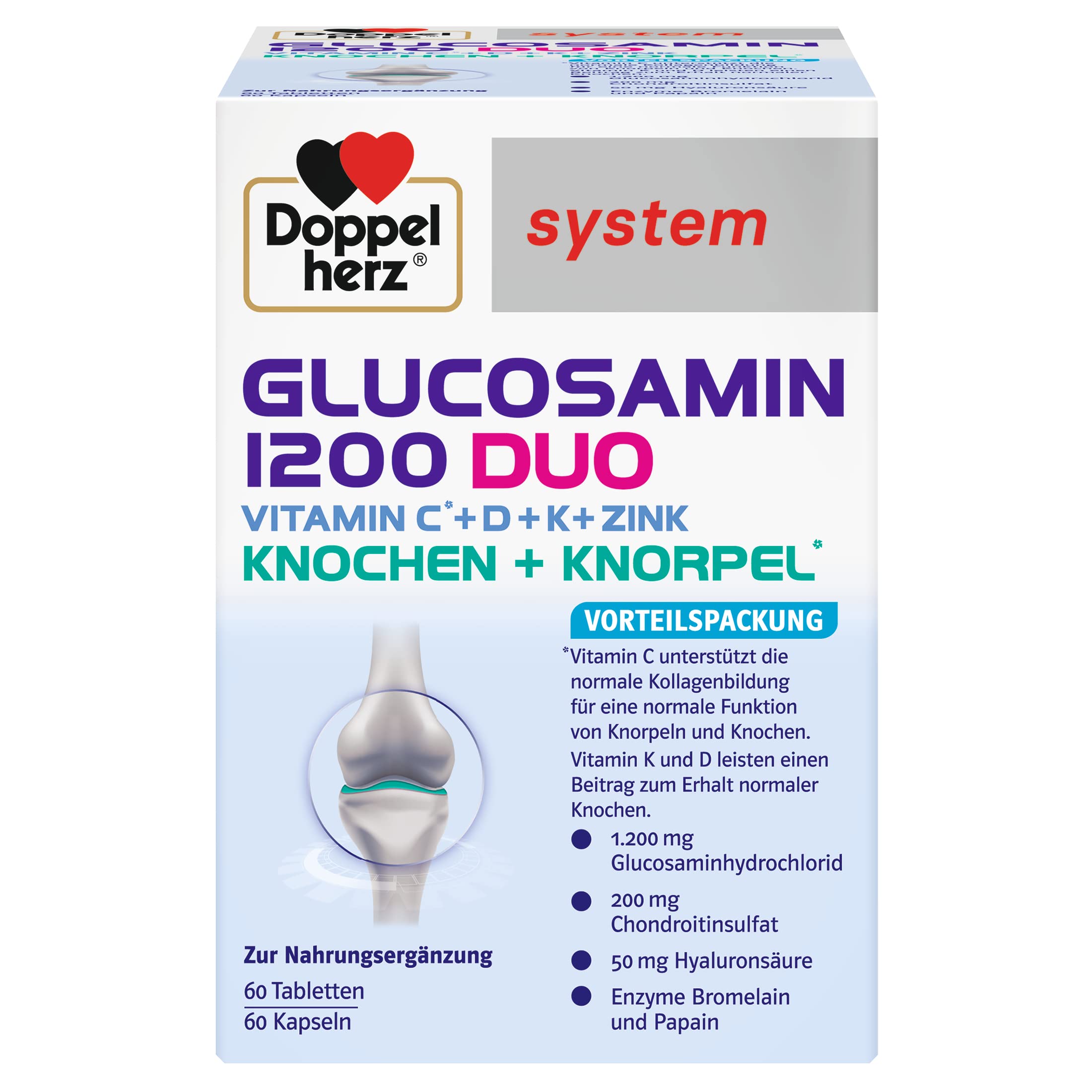 Doppelherz system GLUCOSAMIN 1200 DUO – Mit Vitamin C als Beitrag zur normalen Kollagenbildung für eine normale Knorpelfunktion – 60 Kapseln und 60 Tabletten
