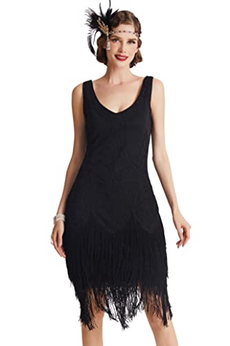Coucoland 1920s Kleid Damen Flapper Kleid ohne Ärmel V Ausschnitt Knielang Charleston Kleid Gatsby Motto Party Damen Fasching Kostüm Kleid (Schwarz, M (Fits 76-82 cm Waist))
