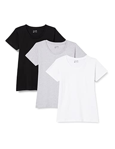 berydale Damen T-Shirt mit Rundhalsausschnitt aus 100% Baumwolle, Schwarz/ Hellgrau Melange/ Weiß (3er Pack), S