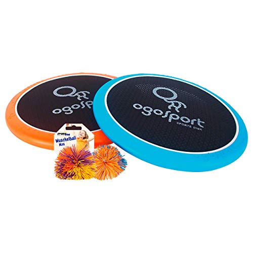 2 OgoSport Softdiscs (Ø30cm) mit elastischer Netzbespannung, 1 Ogo Ball Ball, 1 Busch Wusch Ball, beliebte Spiel-Klassiker, im Karton Fang Wurfspiel