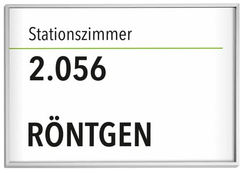 Madrid Silver Line Türschild A5 quer | Alu Rahmen silber eloxiert | entspiegelte Abdeckung | selbstklebend oder auch zum Schrauben | Türschild Büro | Büroschild