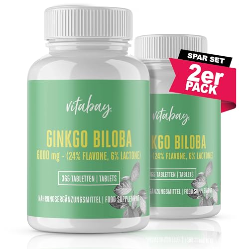 Vitabay Ginkgo Biloba 6000 mg | 360 Kapseln | Zeitoptimierte Abgabe | Mit 24% Flavone & 6% Lactone | Laborgeprüft & hergestellt aus hochwertigen Rohstoffen