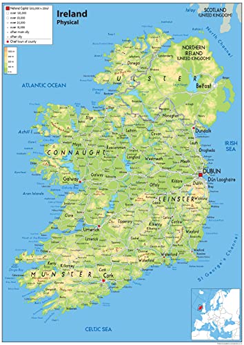 Irland Physikalische Karte – Papier laminiert A0 Size 84.1 x 118.9 cm farblos