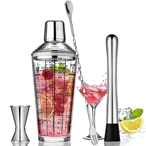 Cocktail-Shaker-Set aus Glas, 600 ml, 4-teiliges Barkeeper-Set, Barkeeper-Shaker-Set, 304 Edelstahl, Martini-Shaker und Sieb, Bar-Werkzeug-Set für Zuhause und Bar