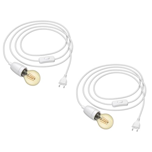 ledscom.de Stoffkabel LEHA II mit Stecker, Schalter und E27 Lampen-Fassung, weiß, 3m, inkl. Leuchtmittel je 471lm amber extra-warmweiß, 2 Stk.