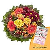 Dominik Blumen und Pflanzen, Blumenstrauß "Füllhorn" mit orangen Rosen und Germini und Grußkarte "Alles Liebe"