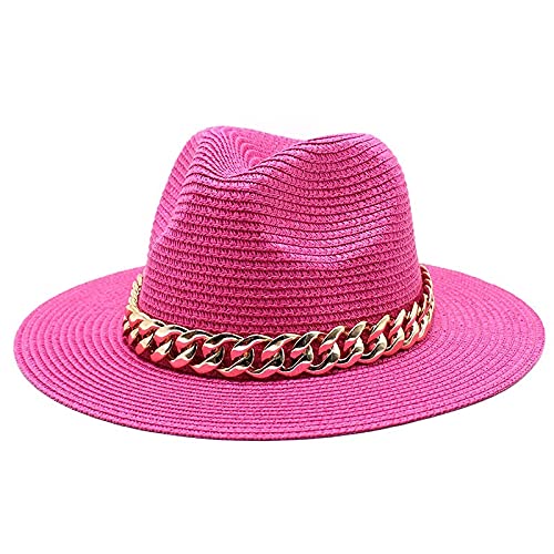 HHF Mützen & Hüte, Damen Urlaub Strand Sonnenhut Frühling Sommer Strohhut mit großer Kette Dekoration Wide Krempe Jazz Trilby Cap (Farbe : Rose Red, Größe : 56 58cm)