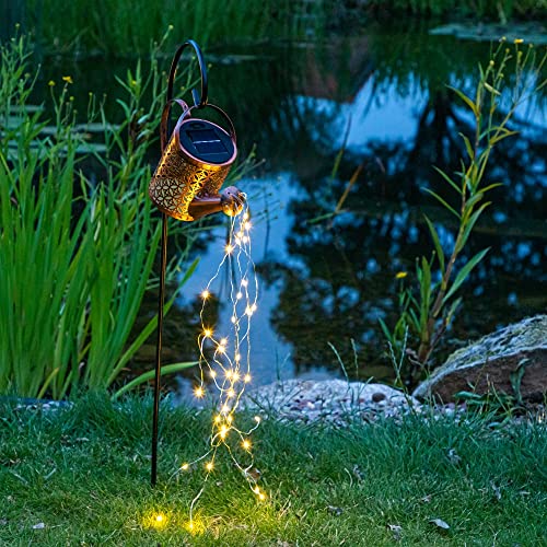 Haushalt International LED Solar Deko Gießkanne mit Lichterkette 36 LEDs Gartenlampe 80 cm hoch Wasserfall Gartenbeleuchtung Garten Dekoration Wegeleuchten Solarlaterne für Außen, Braun