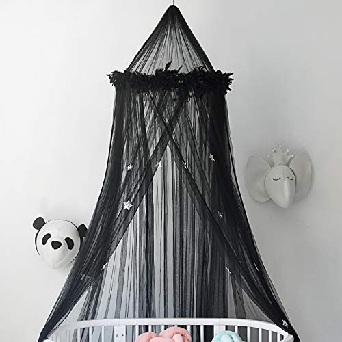 Betthimmel Moskitonetz Vorhänge mit Federn und Sternen Nette schöne Dekoration für Babys Mädchen Kleinkinder und Teen Schlafzimmer, schwarz
