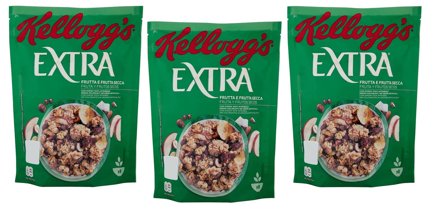 3x Kellogg's Extra Frutta e Frutta Secca Knusprige Haferflocken mit Dehydrierten Früchten 375g-Packung