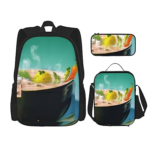 PartyUnix Rucksack mit Obst- und Gemüsedrucken, 3-teilig, Schulranzen mit Brotdose und Federmäppchen, geeignet für Jungen und Mädchen, Schwarz , Einheitsgröße, Kinderrucksack