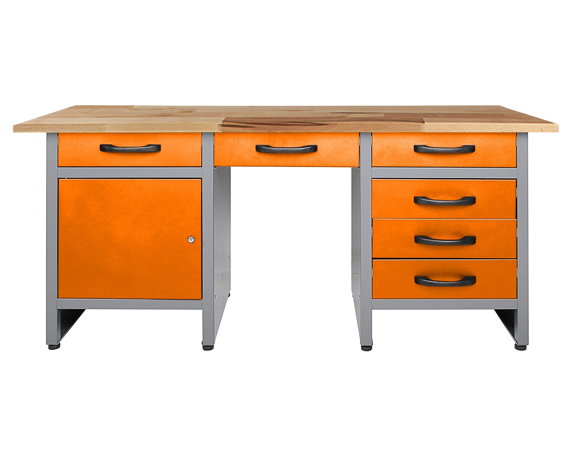 Ondis24 Werkbank 160 cm orange mit 6 Schiebern und Tür abschließbar Werktisch für Werkstatt Holz Arbeitsplatte