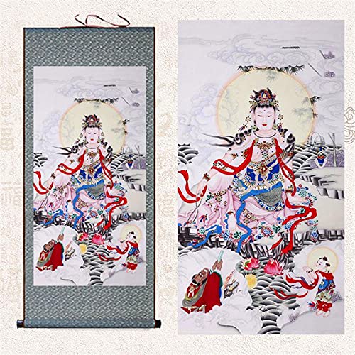 Rollbilder, Feng Shui tibetischer Thangka, tibetischer Thangka-Wandbehang, Mythologie Geschichte Guanyin Buddha-Gemälde Malerei Seidenrolle Zeichnung Dojo Decorat (Color : Gray Green)