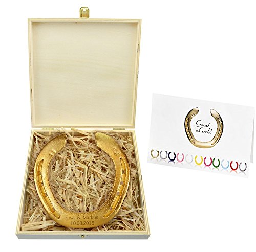 4you Design Vergoldetes Hufeisen mit Gravur/Holzbox/original Hufeisen vom Pferd - Glückshufeisen - Hochzeitsgeschenk - Geschenk zur Goldenen Hochzeit
