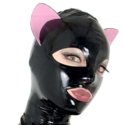 LBYLYH Sexy Black Latex Cat Ear Hood 100% Mask Gummi Mit Rosa Ohren Fetisch Handgemachte Zurück Zip Masquerade Clubwear,Schwarz,S