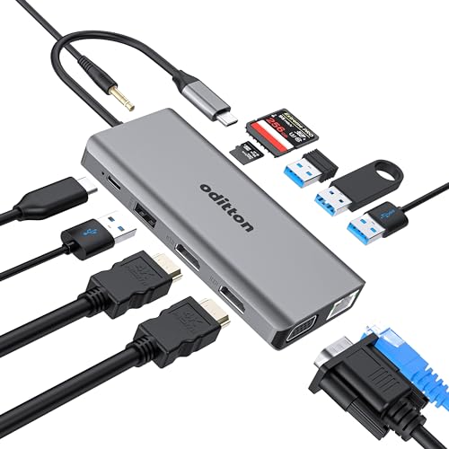 USB C Hub, oditton 12 in 1 USB C Hub Adapter with 4K HDMI * 2, USB 3.0 * 2, Gigabit Ethernet Port, 2* USB 2.0, 100W PD, VGA, SD/TF Card Reader, 3.5mm Audio Jack USB C Dock Compatible with Laptop, iPad