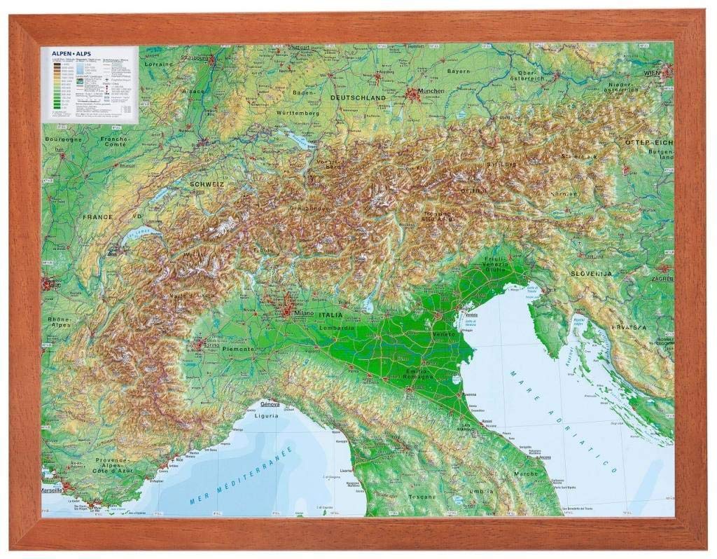 Alpen klein mit Rahmen 1:2.4MIO: Reliefkarte Alpenbogen klein mit Holzrahmen: Tiefgezogenes Kunststoffrelief
